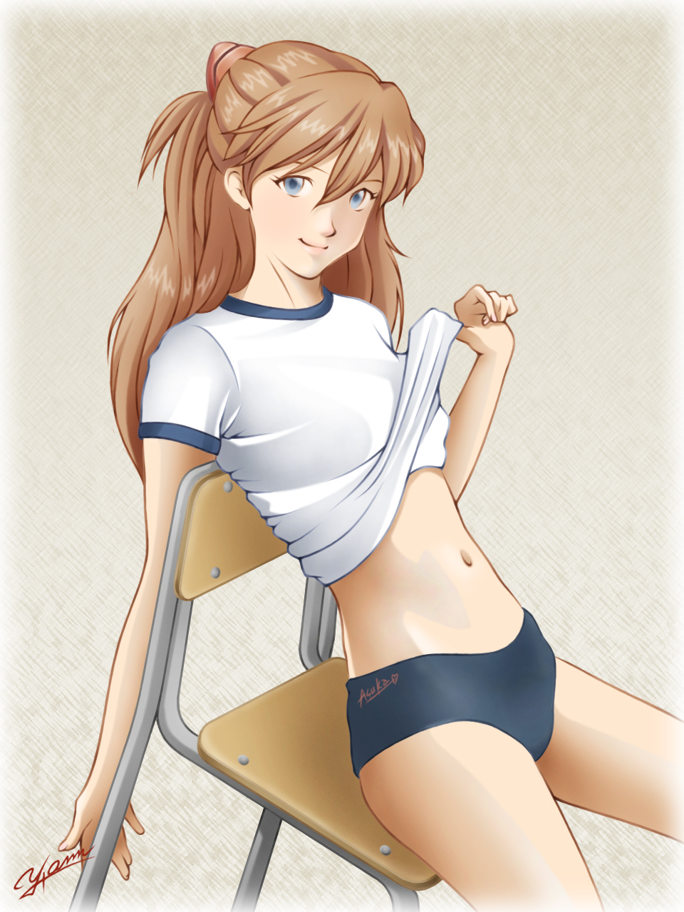 ann yosh, souryuu asuka langley, neon genesis evangelion, rebuild of evangelion, highres, 00s, 1girl, brown hair, buruma, chair, clothes lift, female focus, navel, shirt lift, sitting, smile, solo