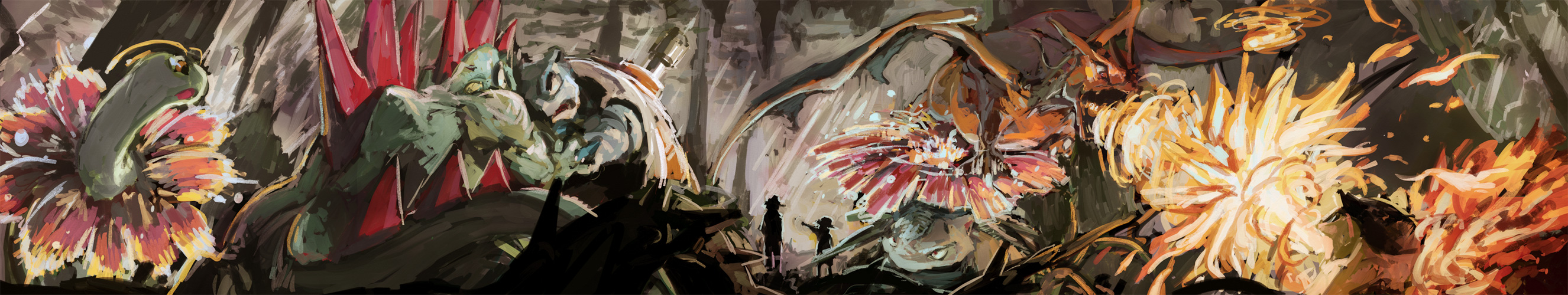 numa, numa (ouroporos), shizuku (asanuma), blastoise, charizard, ethan (pokemon), feraligatr, meganium, red (pokemon), typhlosion, venusaur, nintendo, pokemon, pokemon gsc, pokemon rgby, bad id, bad pixiv id, highres, long image, wide image, 1990s (style), 2boys, attack, battlefield, cannon, cave, epic, fire, gen 1 pokemon, gen 2 pokemon, multiple boys, pokemon (creature), retro artstyle, silhouette, starter pokemon trio