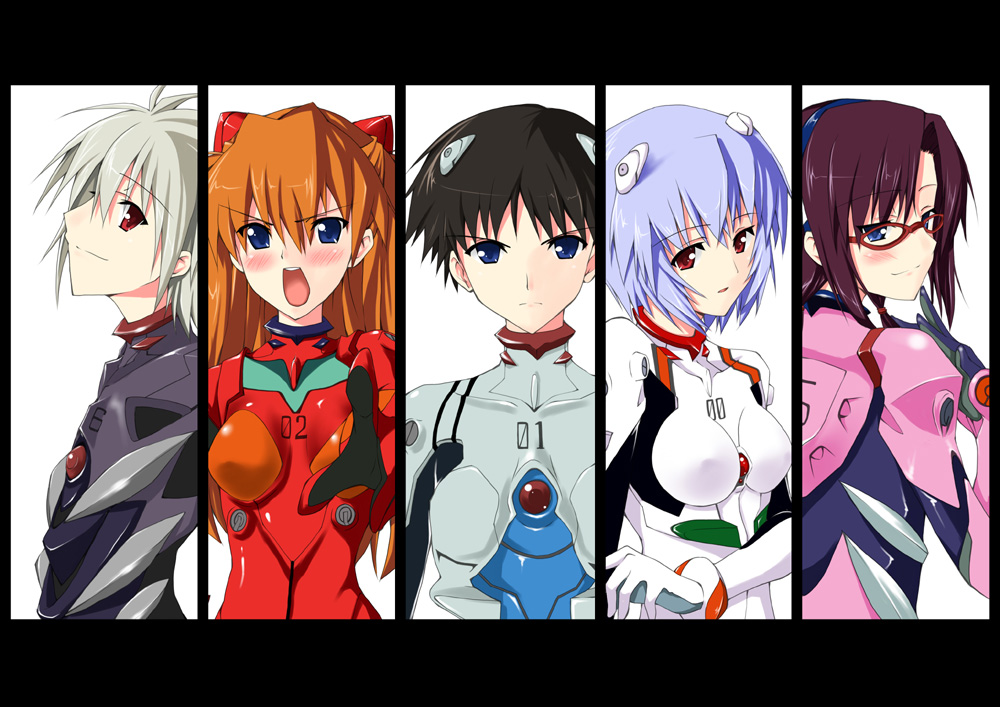 piromizu, ayanami rei, ikari shinji, makinami mari illustrious, nagisa kaworu, souryuu asuka langley, neon genesis evangelion, rebuild of evangelion, 00s, 2boys, 3girls, albino, blush, bodysuit, column lineup, glasses, interface headset (evangelion), long hair, looking at viewer, mecha pilot suit, multiple boys, multiple girls, plugsuit (evangelion), red eyes, simple background, skin tight, very long hair, white background, white hair