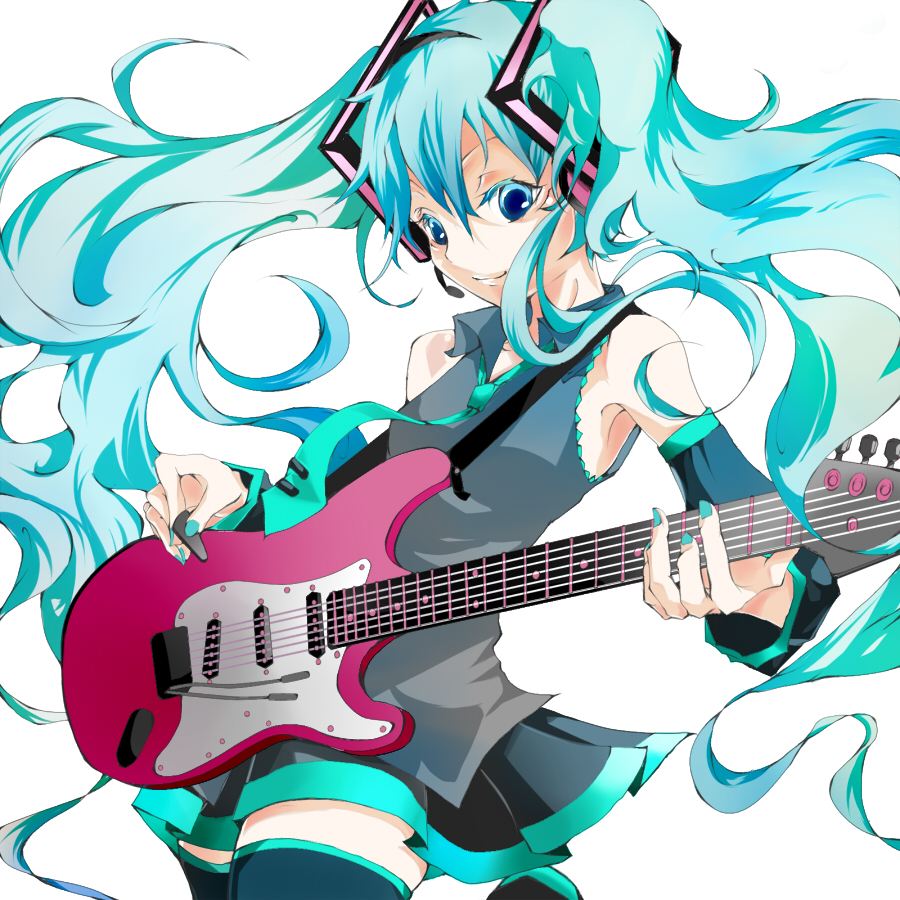 maclo, makuro (pixiv966000), hatsune miku, vocaloid, bad id, bad pixiv id, 1girl, aqua hair, blue eyes, detached sleeves, electric guitar, female focus, fender stratocaster, guitar, headphones, headset, instrument, long hair, necktie, simple background, skirt, smile, solo, thighhighs, twintails, very long hair, white background, zettai ryouiki