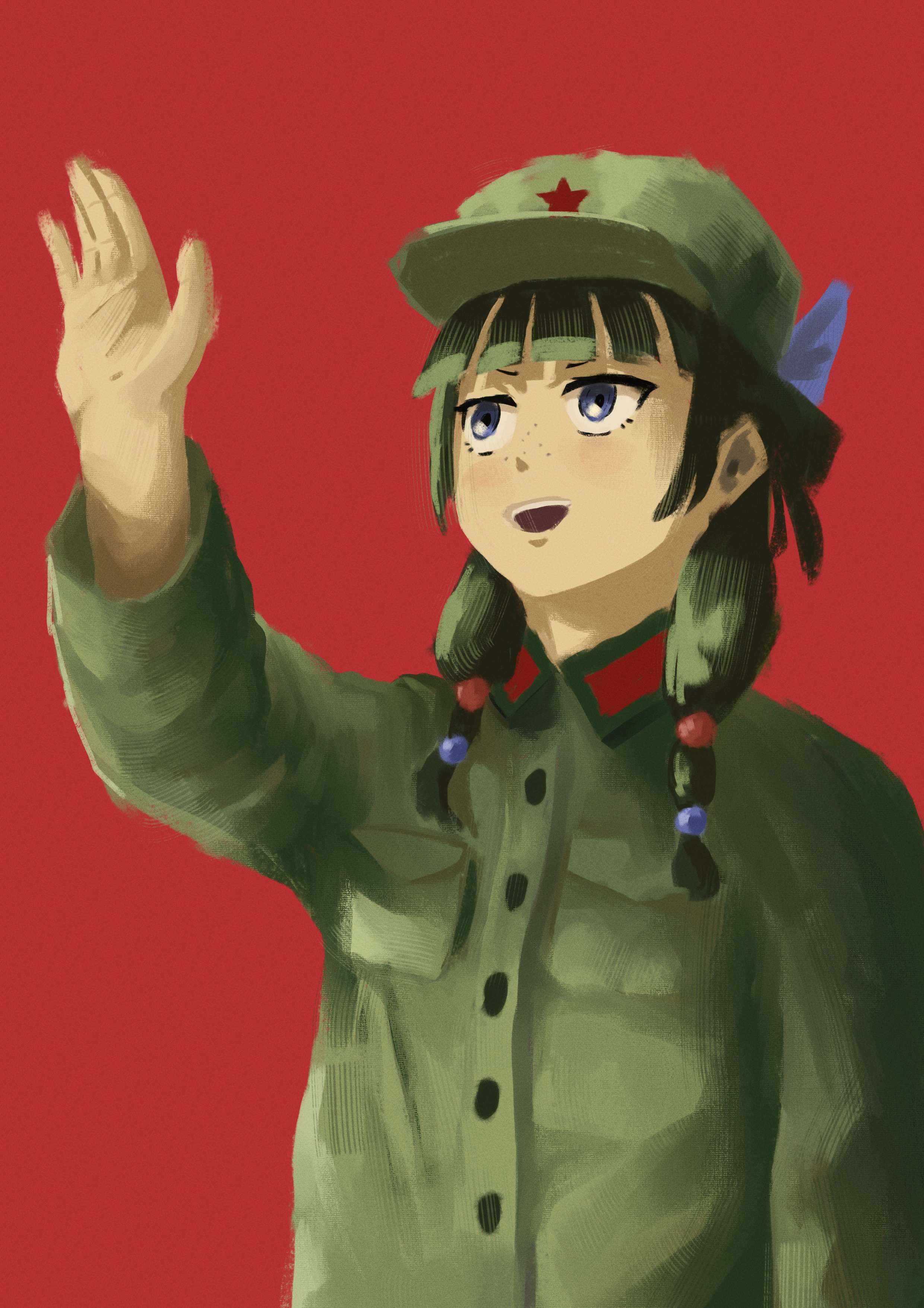maomao (kusuriya no hitorigoto), kusuriya no hitorigoto, absurdres, commentary, english commentary, highres, 1girl, :d, blue bow, blue eyes, bow, communism, green hair, green hat, green shirt, hair bow, hand up, hat, mao suit, medium hair, name connection, open mouth, proledevil, red background, red star, shirt, smile, solo, star (symbol), twintails