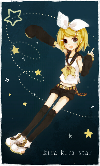 mikanniro, kagamine rin, vocaloid, bad id, bad pixiv id, blonde hair, blue eyes, hair ornament, hair ribbon, hairclip, kneehighs, ribbon, shoes, short hair, short shorts, shorts, smile, socks, solo, star (symbol)
