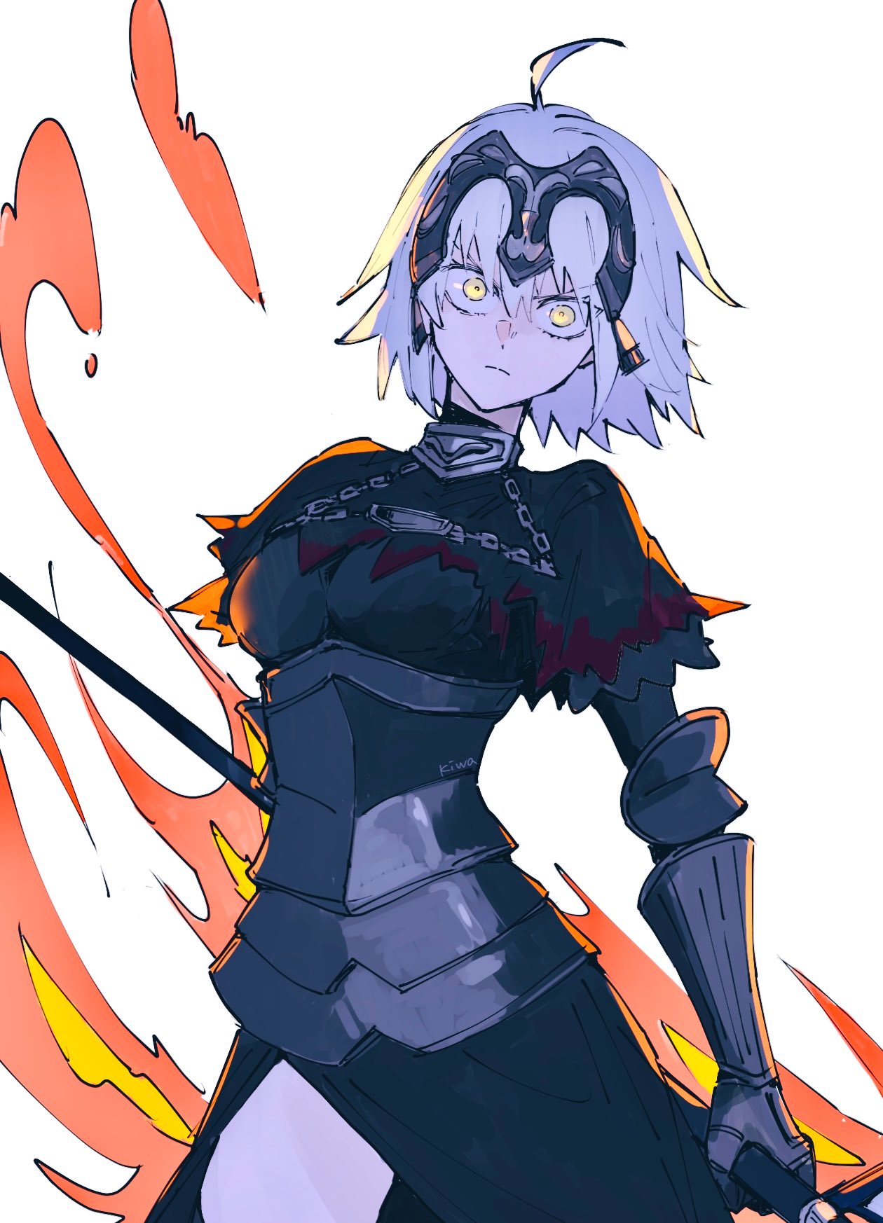 ki wa001, jeanne d'arc alter (fate), fate/grand order, fate (series), highres, 1girl, ahoge, armored corset, artist name, black corset, corset, couter, cowboy shot, fire, frown, gauntlets, glaring, holding, holding behind back, holding polearm, holding polearm behind back, holding weapon, holding weapon behind back, looking at viewer, polearm, short hair, solo, weapon, white background, white hair, yellow eyes