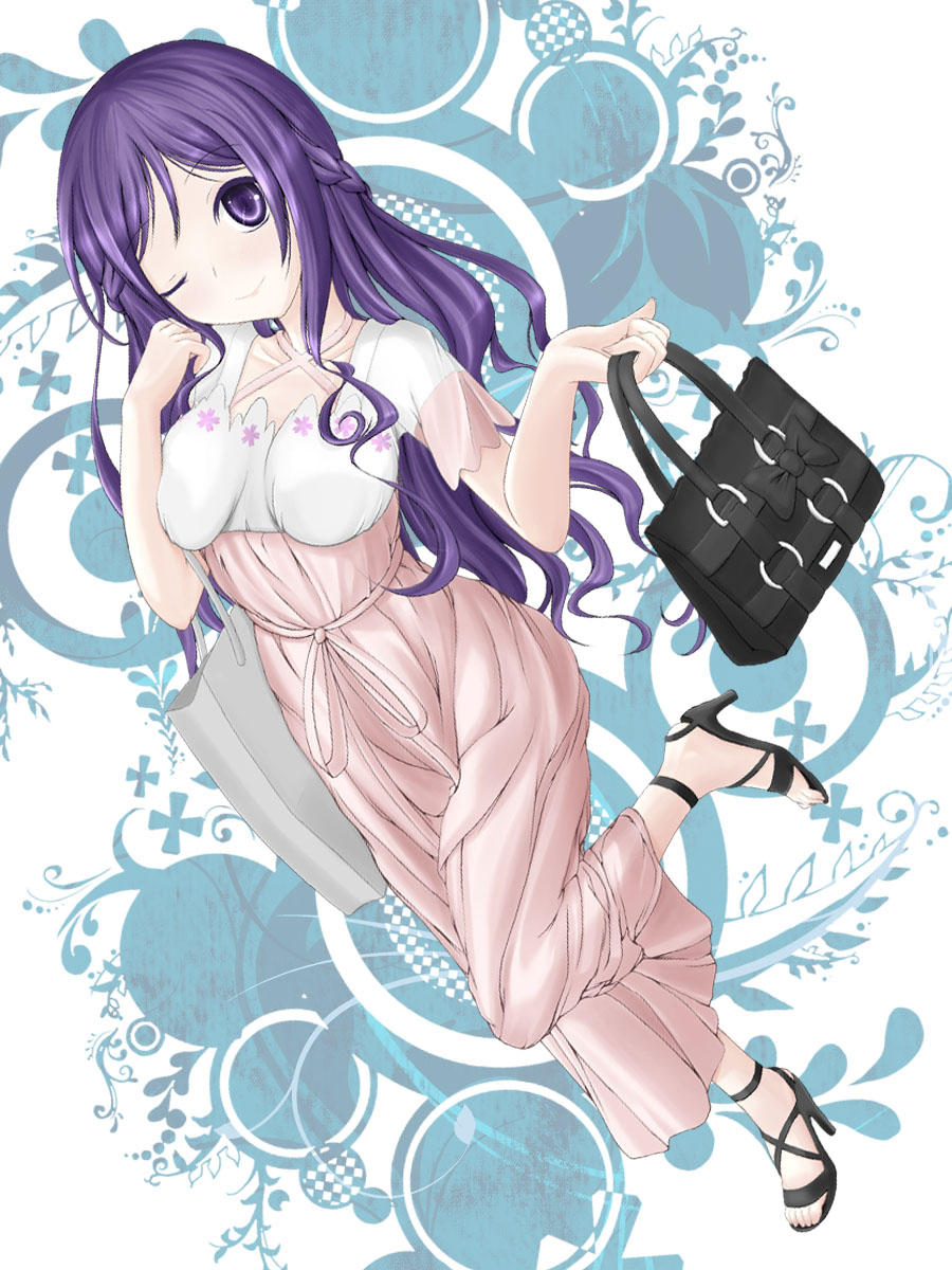 touke, tedeza rize, gochuumon wa usagi desu ka?, highres, 1girl, bag, dress, high heel sandals, high heels, holding, holding bag, long hair, pink dress, purple eyes, purple hair, sandals
