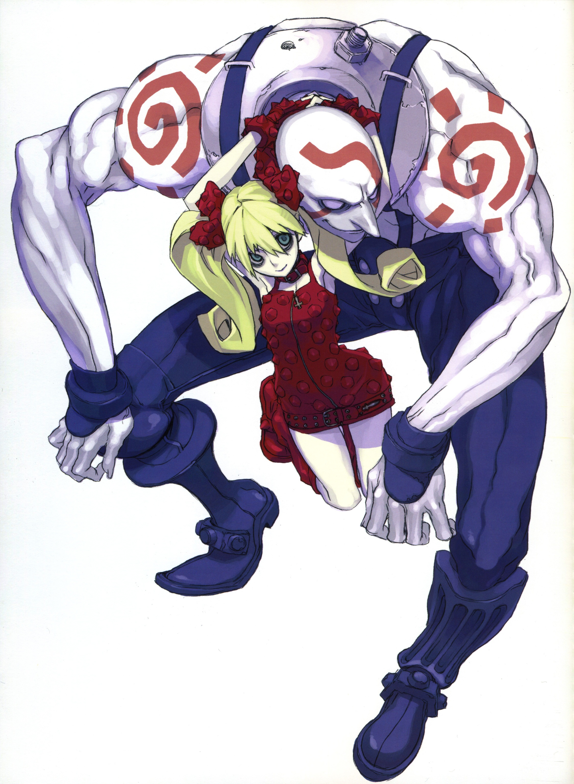 miwa shirow, effie (street fighter), necro (street fighter), capcom, street fighter, street fighter iii (series), absurdres, highres, scan, 1boy, 1girl, belt, belt skirt, blonde hair, boots, bow, choker, couple, cross, green eyes, hetero, pale skin, smile, tattoo, twintails, zipper