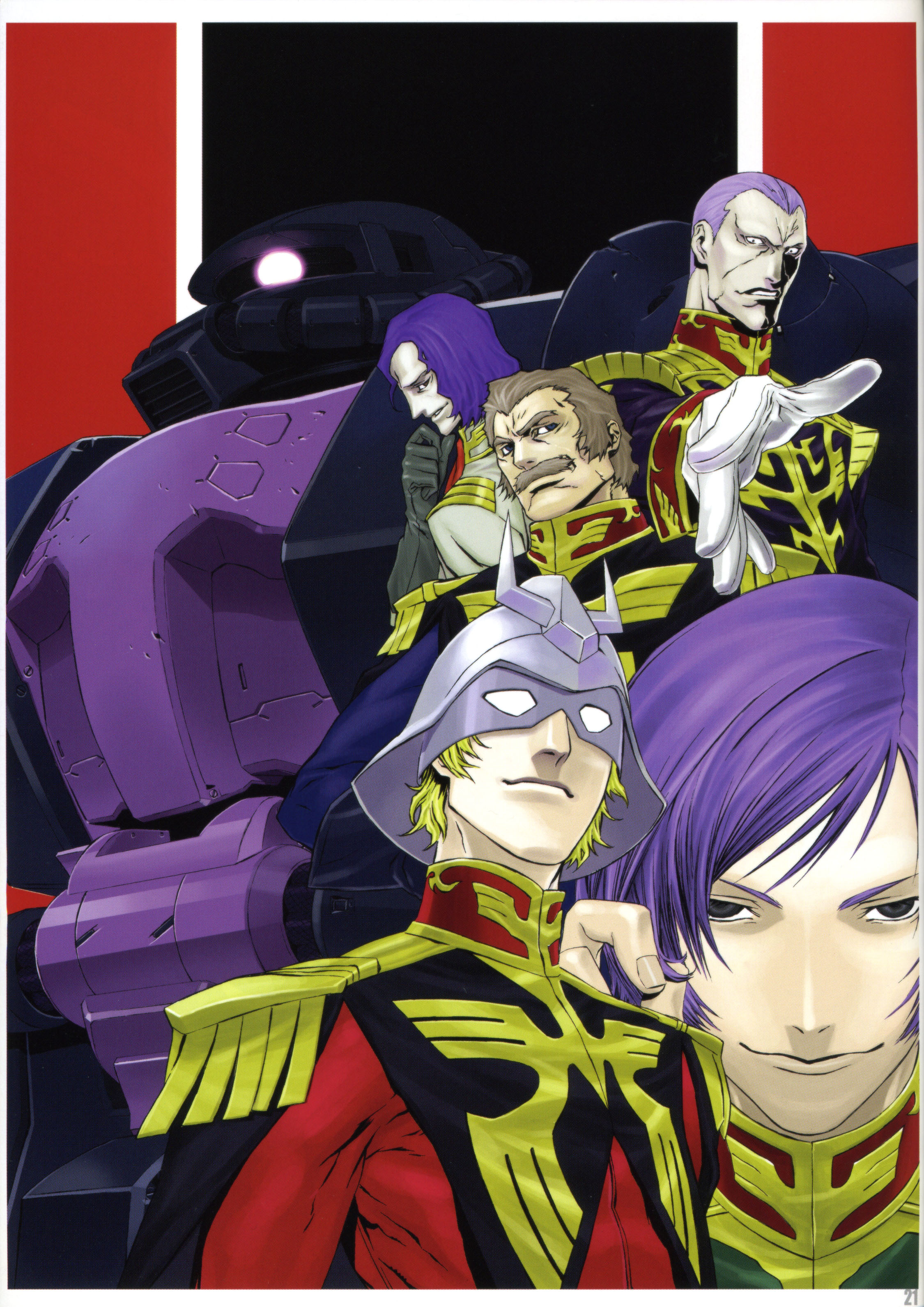 miwa shirow, black tri-stars, char aznable, garma zabi, gihren zabi, m'quve, ramba ral, zaku, zaku ii, zaku ii hmt black tri-stars custom, gundam, mobile suit gundam, absurdres, highres, scan, 5boys, black eyes, blonde hair, blue eyes, brown hair, facial hair, gloves, helmet, male focus, mask, mecha, military, military uniform, multiple boys, mustache, purple hair, robot, zeon
