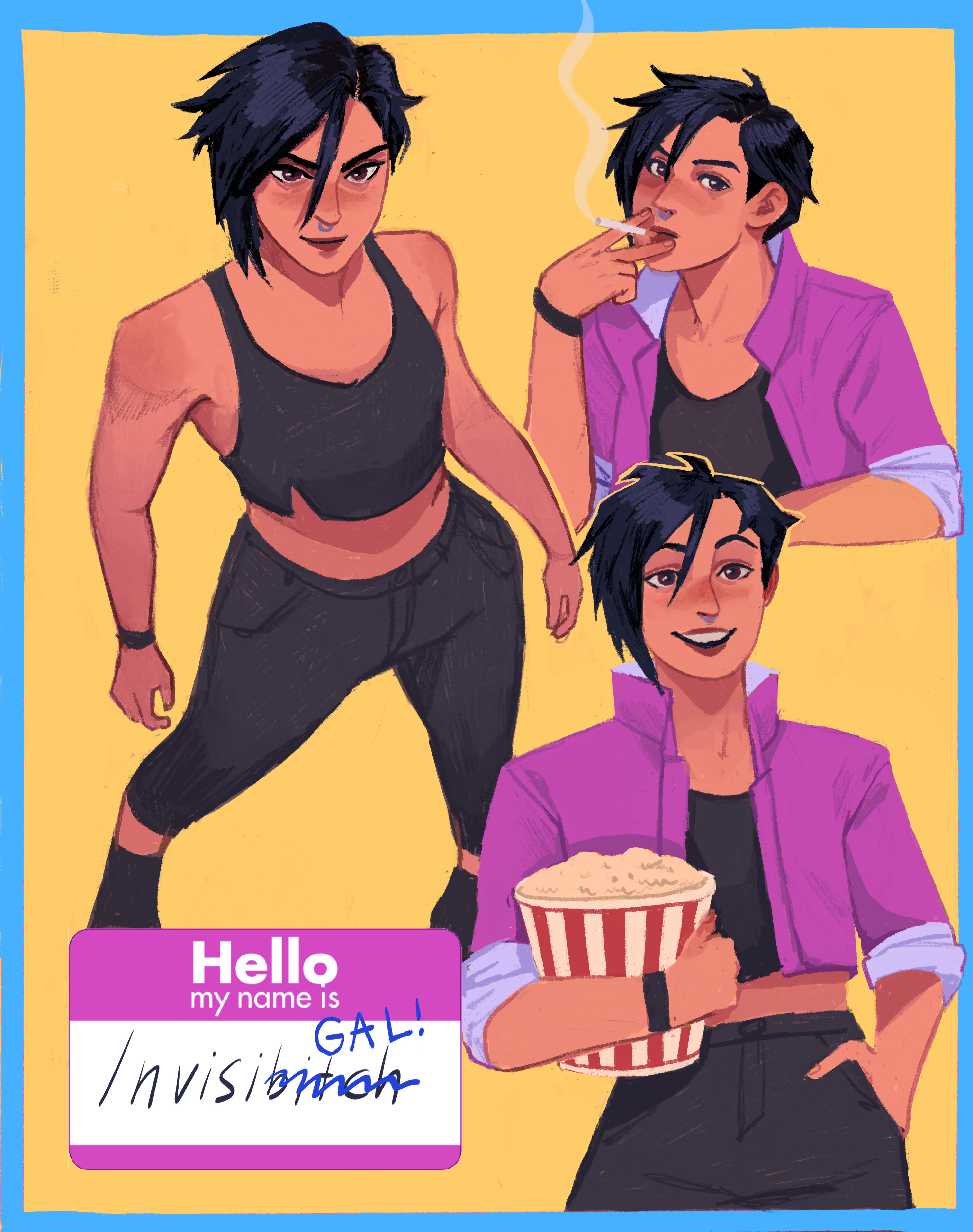 clara roux, invisigal (dispatch), dispatch, absurdres, highres, 1girl, black hair, black pants, black shirt, breasts, character name, crop top, face piercing, food, hand in pocket, jacket, multiple views, name tag, nose piercing, nose ring, pants, piercing, pink jacket, popcorn, shirt, short sleeves, small breasts, smile, smoking, wristband, yellow background