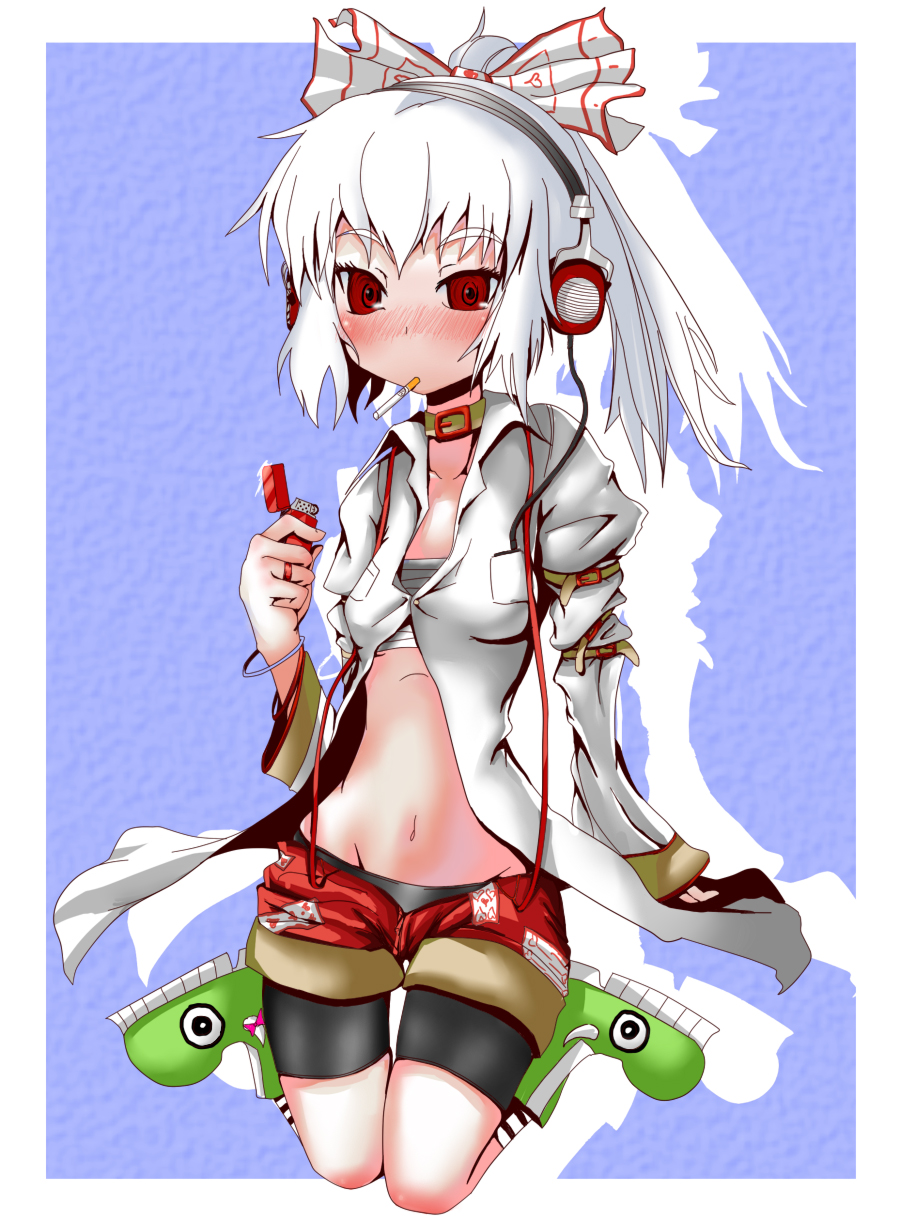 dateya torahachi, fujiwara no mokou, touhou, highres, 1girl, alternate costume, bike shorts, blush, bow, cigarette, collar, contemporary, female focus, headphones, lighter, navel, red eyes, shorts, solo, white hair