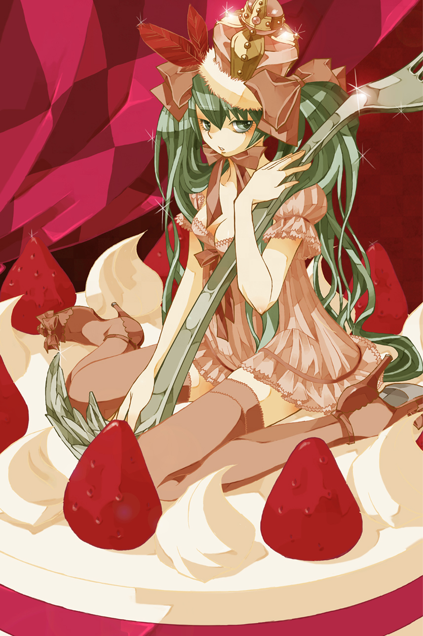 sakura (superbunnys), hatsune miku, vocaloid, highres, 1girl, breasts, cleavage, cream, female focus, food, fork, fruit, green eyes, green hair, high heels, long hair, matching hair/eyes, mini person, minigirl, oversized object, shoes, sitting, solo, strawberry, thighhighs, twintails, very long hair, zettai ryouiki