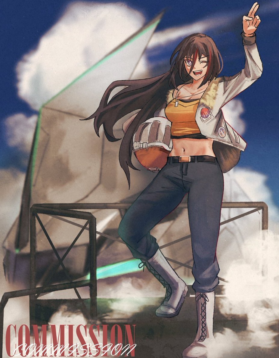 ezekquel, emilia harling, eiyuu densetsu, kai no kiseki, kuro no kiseki (series), commentary, commission, english commentary, 1girl, black hair, black pants, bomber jacket, boots, breasts, crop top, dog tags, english text, floating hair, floating jacket, fur trim, helmet, holding, holding unworn helmet, jacket, large breasts, long hair, looking at viewer, midriff, multicolored hair, navel, one eye closed, open clothes, open jacket, outdoors, pants, purple eyes, red hair, salute, smile, solo, streaked hair, two-finger salute, two-tone hair, unworn headwear, unworn helmet, white boots