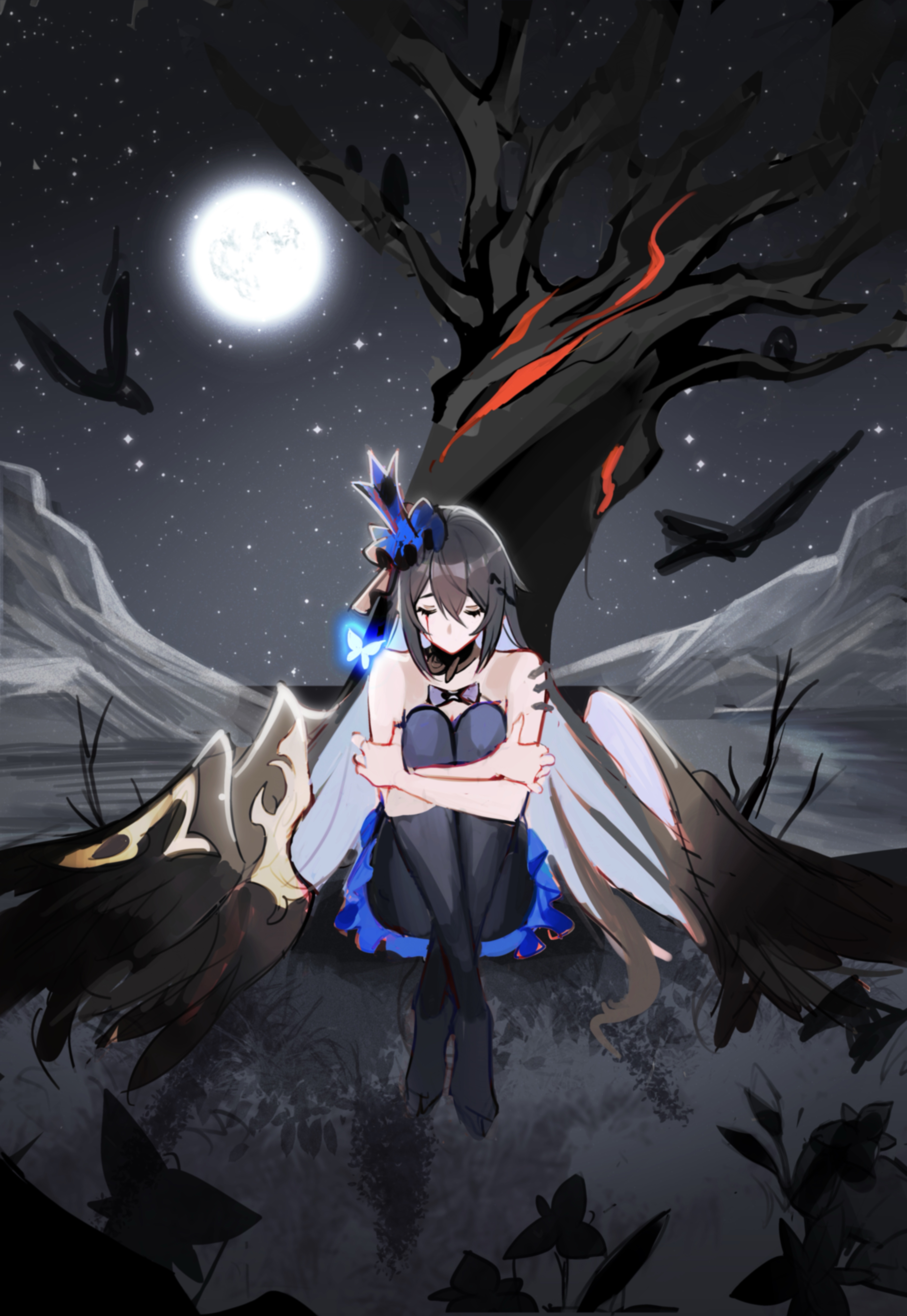 mie xing, seele vollerei, seele vollerei (eternal night's embrace), seele vollerei (herrscher of rebirth), honkai (series), honkai impact 3rd, absurdres, commentary, english commentary, highres, 1girl, bare shoulders, bare tree, bird, black hair, black wings, bug, butterfly, closed eyes, full moon, hair ornament, hugging own legs, insect, knees up, long hair, moon, night, sitting, sky, star (sky), tree, very long hair, wings