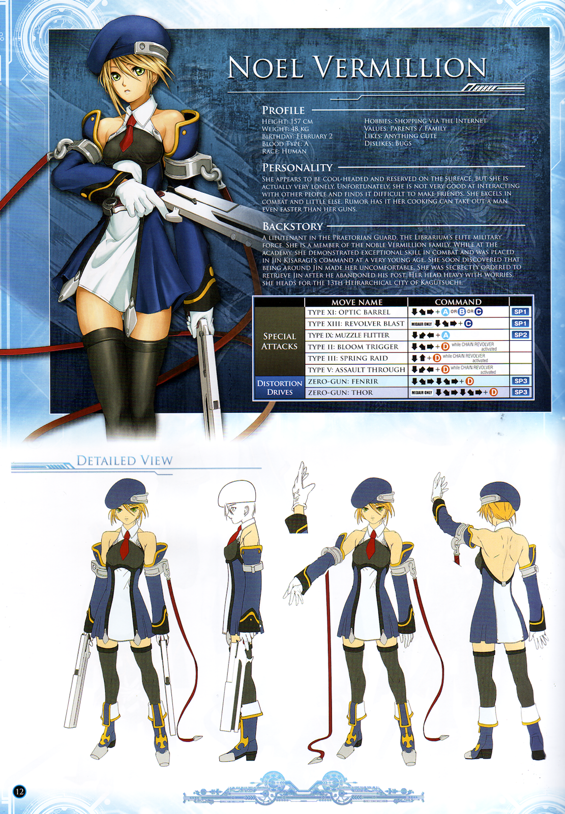 noel vermillion, arc system works, blazblue, blazblue: calamity trigger, highres, official art, scan, 1girl, back, beret, black thighhighs, blonde hair, blue boots, boots, character name, command input, detached sleeves, dress, dual wielding, english text, female focus, from behind, gloves, green eyes, gun, handgun, hat, holding, necktie, short dress, short hair, solo, stats, thighhighs, weapon, white gloves, zettai ryouiki