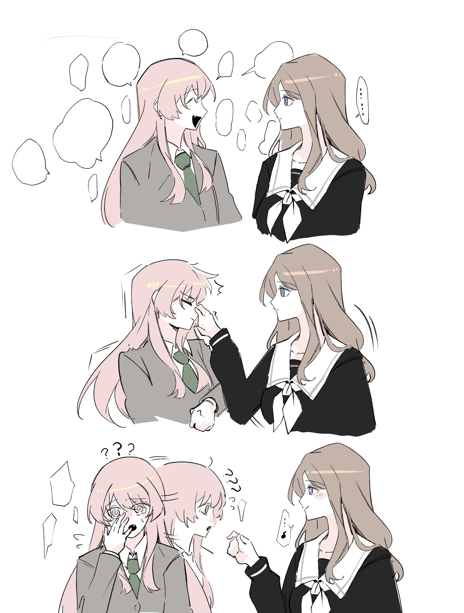 tin g, chihaya anon, nagasaki soyo, bang dream!, bang dream! it's mygo!!!!!, highres, …, 2girls, black shirt, brown hair, green necktie, grey jacket, haneoka school uniform, jacket, long hair, multiple girls, necktie, pinching another's nose, pink hair, school uniform, shirt, sidelocks, simple background, spoken ellipsis, tsukinomori school uniform, upper body, white background