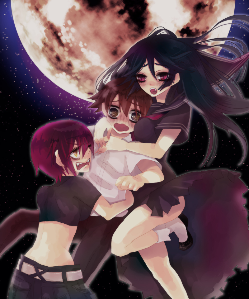moriko (artist), hiyorimi hiro, kamura reiri, riza wildman, kaibutsu oujo, 00s, black hair, brown hair, moon, red hair