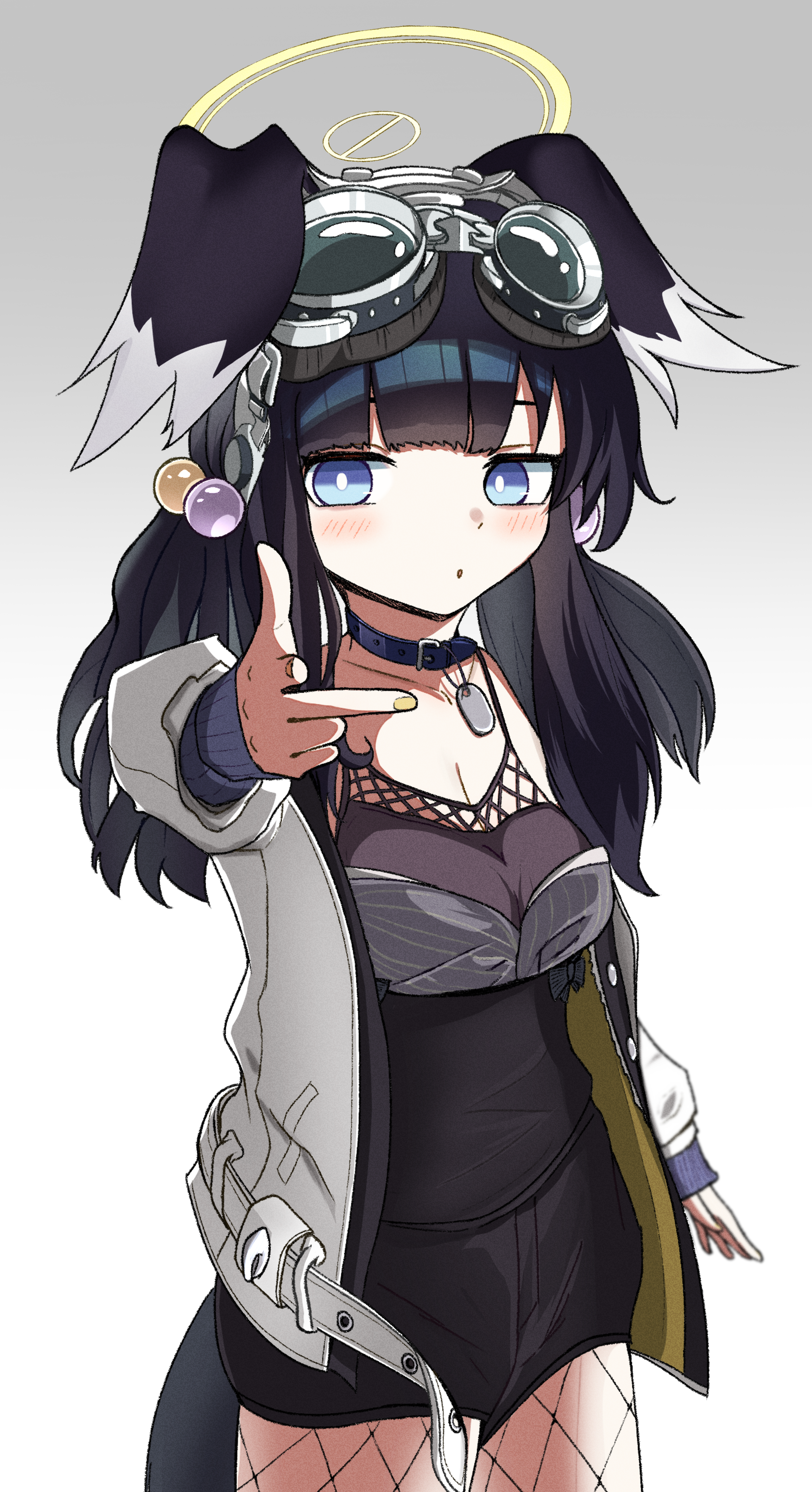 hokuroten, hibiki (blue archive), blue archive, absurdres, highres, 1girl, animal ears, black hair, blue eyes, dog ears, dog girl, dog tail, engineering department (blue archive), goggles, goggles on head, halo, long hair, looking at viewer, solo, tail, yellow halo
