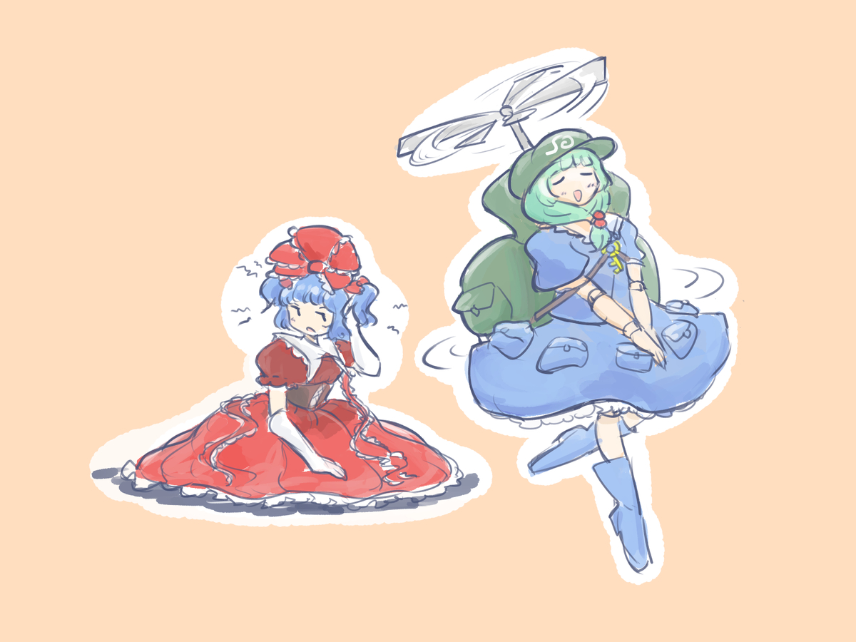 oysterfried, kagiyama hina, kawashiro nitori, mountain of faith, touhou, non-web source, aircraft, airplane, arm ribbon, backpack, bag, blue hair, boots, bow, cattail, closed eyes, cosplay, costume switch, doll joints, dress, flat cap, flying, frilled bow, frilled ribbon, frills, front ponytail, green bag, green hair, green hat, hair bobbles, hair bow, hair ornament, hair ribbon, hat, hinamatsuri, jewelry, joints, key, key necklace, military vehicle, necklace, plant, propeller fighter, red bow, red dress, red ribbon, ribbon, rubber boots, seiza, sitting, tokin hat, two side up, wrench, wrist ribbon