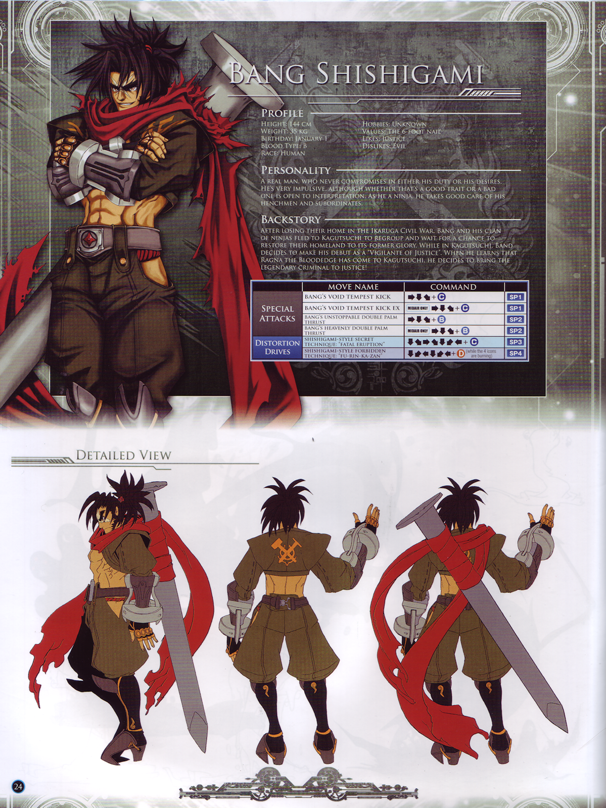 shishigami bang, arc system works, blazblue, blazblue: calamity trigger, highres, official art, scan, 1boy, abs, character name, command input, english text, male focus, manly, nail (hardware), ninja, scarf, stats