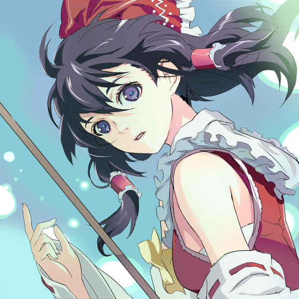 izu (lbctsissynl), upa, hakurei reimu, touhou, bad id, bad pixiv id, 1girl, black eyes, black hair, bow, detached sleeves, female focus, japanese clothes, miko, ribbon, solo