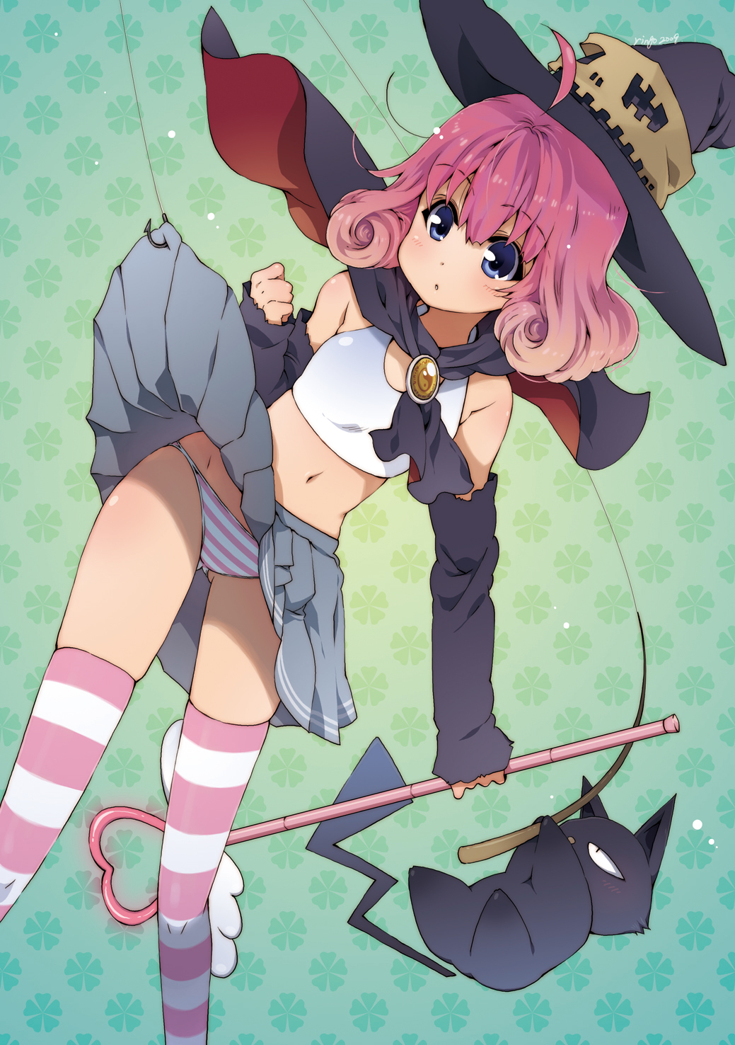 takanashi ringo, original, highres, 1girl, cat, clothes lift, detached sleeves, female focus, fish hook, hat, navel, panties, pink hair, skirt, skirt lift, solo, striped clothes, striped panties, striped thighhighs, thighhighs, underwear, upskirt, witch hat