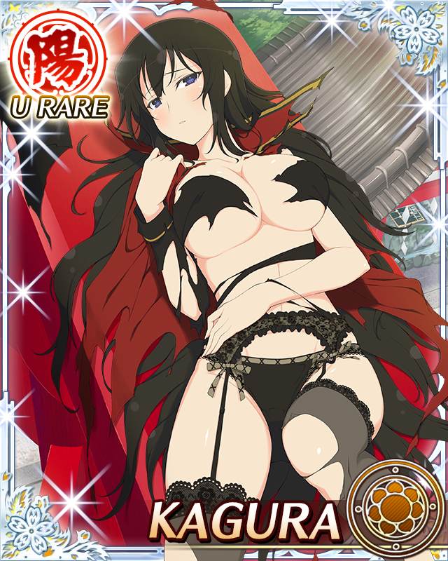 kagura (senran kagura), senran kagura, senran kagura new wave, game cg, official art, third-party source, 1girl, black eyes, black garter belt, black garter straps, black hair, black panties, black thighhighs, blue pupils, border, breasts, cape, card (medium), character name, cleavage, day, dress, flower-shaped pupils, from above, garter belt, garter straps, hand on own stomach, large breasts, long hair, looking at viewer, lying, on back, outdoors, panties, sitting on torii, solo, symbol-shaped pupils, thighhighs, torn cape, torn clothes, torn dress, torn thighhighs, underwear, very long hair