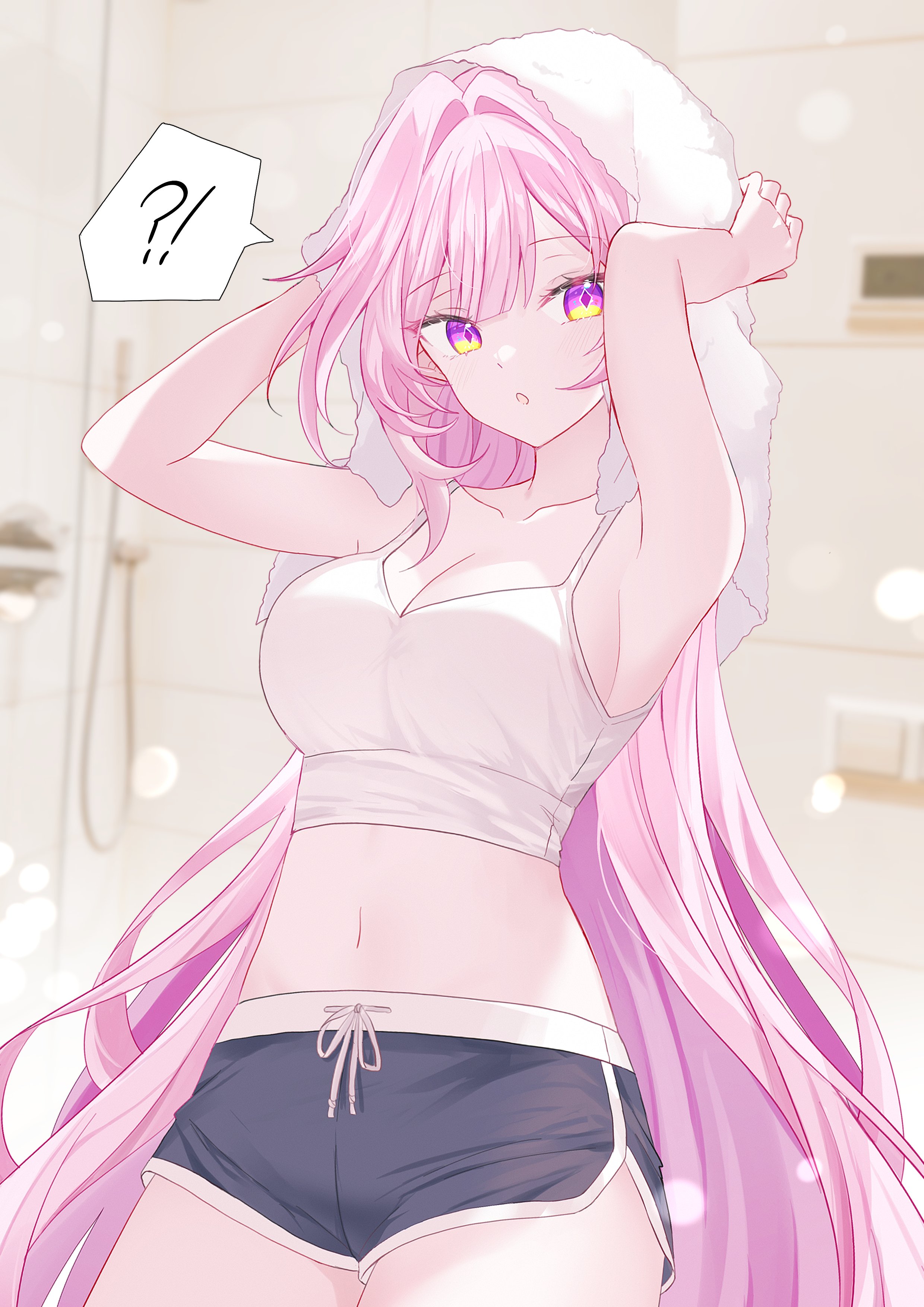 seno (senohime), cyrene (honkai: star rail), honkai: star rail, honkai (series), absurdres, commentary, highres, symbol-only commentary, !?, 1girl, alternate costume, arms up, bare shoulders, black shorts, breasts, cleavage, collarbone, cowboy shot, cyrene (demiurge) (honkai: star rail), diamond-shaped pupils, diamond (shape), dolphin shorts, hair intakes, indoors, large breasts, long hair, looking at viewer, navel, open mouth, pink hair, shirt, shorts, shower (place), solo, spoken interrobang, stomach, symbol-shaped pupils, thighs, towel, towel on head, very long hair, white shirt