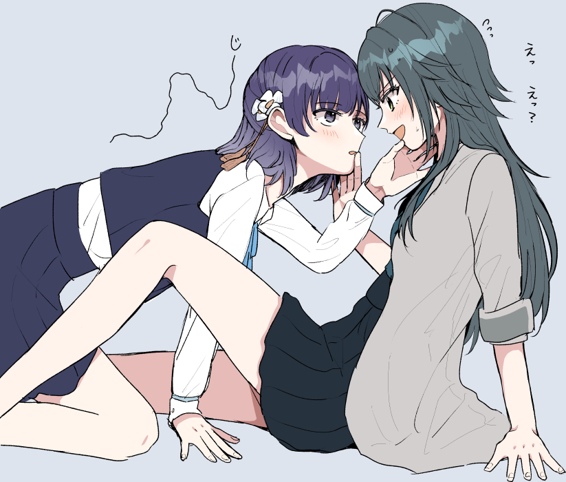 hataya misuzu, tsukimura temari, gakuen idolmaster, idolmaster, commentary, 2girls, black skirt, blush, bochayui, cardigan, flower, green eyes, green hair, grey cardigan, hair flower, hair ornament, hand on another's face, long hair, multiple girls, parted lips, pleated skirt, purple background, purple eyes, purple hair, purple skirt, purple vest, shirt, short hair, simple background, skirt, sweat, vest, white flower, white shirt, yuri