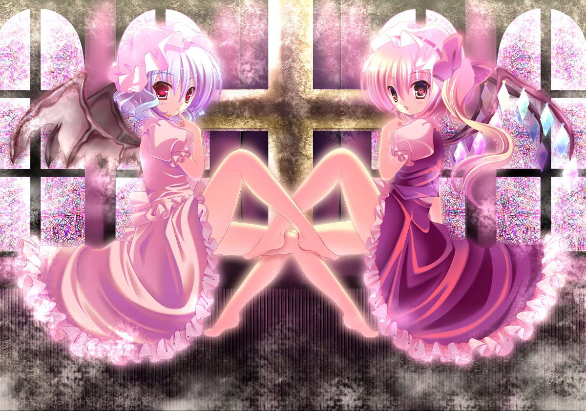 kino (kino konomi), kino konomi, flandre scarlet, remilia scarlet, touhou, bad id, bad pixiv id, 2girls, bare legs, barefoot, feet, female focus, finger to mouth, legs, multiple girls, siblings, sisters, sitting, stained glass, symmetry, wings
