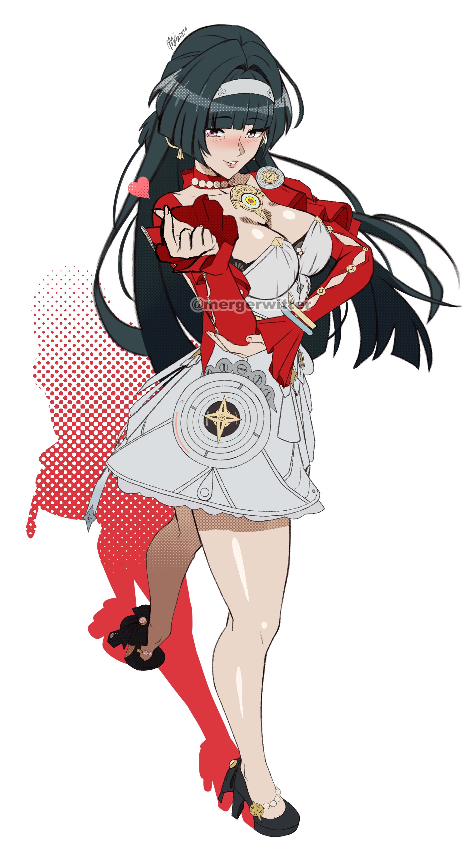 mergeritter, astra yao, zenless zone zero, absurdres, highres, 1girl, black hair, blunt bangs, breasts, dress, red eyes, solo, twitter username, white background, white dress