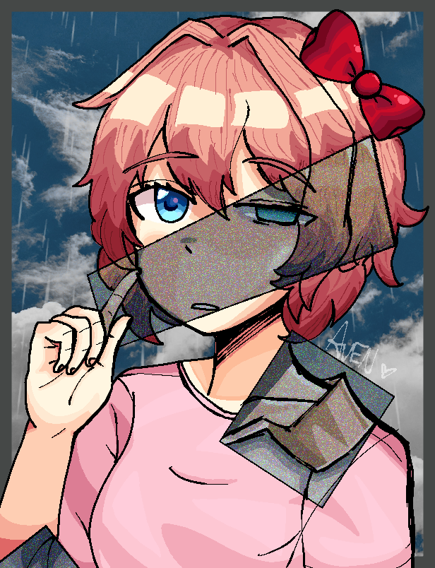 sayori (doki doki literature club), doki doki literature club, commentary, english commentary, spoilers, artist name, avenful, blue eyes, border, bow, cloud, cloudy sky, eyelashes, fingernails, grey border, hair bow, hair intakes, heart, holding, pink hair, pink shirt, rain, red bow, shirt, short hair, sky, upper body