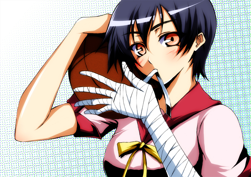 iwamoto eiri, kanbaru suruga, bakemonogatari, monogatari (series), bad id, bad pixiv id, 00s, 1girl, ball, bandages, basketball, female focus, naoetsu high school uniform, school uniform, short hair, solo