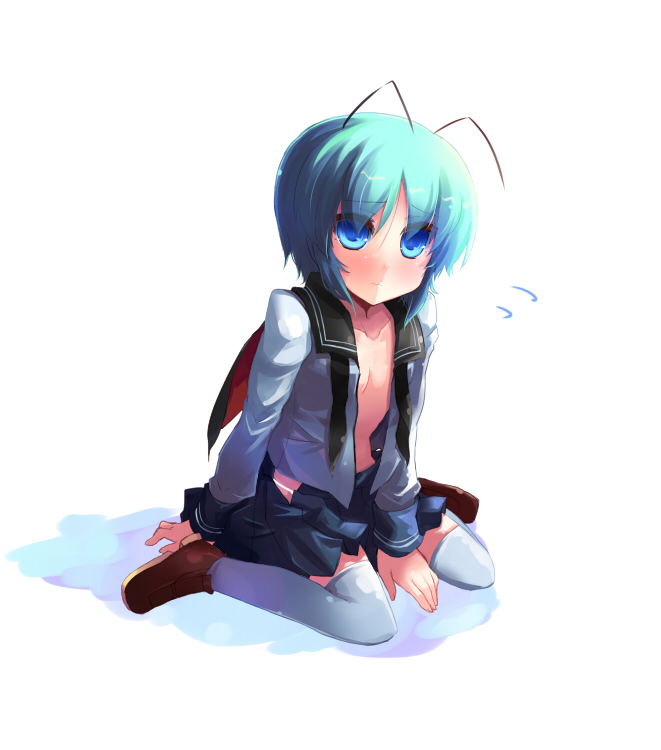 shin (new), wriggle nightbug, touhou, 1girl, adapted costume, antennae, blue eyes, cape, female focus, green eyes, green hair, matching hair/eyes, open clothes, open shirt, panties, pantyshot, school uniform, shirt, short hair, sitting, skirt, solo, thighhighs, underwear, upskirt, wariza