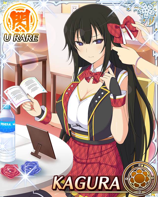 kagura (senran kagura), senran kagura, senran kagura new wave, game cg, official art, third-party source, 2girls, black eyes, black hair, black vest, blue pupils, border, bow, bowtie, breasts, card (medium), character name, cleavage, detached collar, flower-shaped pupils, hair bow, holding, holding another's hair, holding paper, idol clothes, large breasts, long hair, looking at viewer, multiple girls, nervous sweating, paper, plaid clothes, plaid skirt, red bow, red bowtie, red skirt, shirt, sitting, skirt, sleeveless, solo focus, sweat, sweatdrop, symbol-shaped pupils, very long hair, vest, white shirt, wrist cuffs