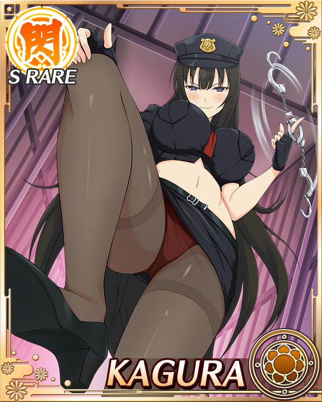 kagura (senran kagura), senran kagura, senran kagura new wave, game cg, official art, third-party source, 1girl, between breasts, black eyes, black gloves, black hair, black pantyhose, black shirt, black shoes, black skirt, blue pupils, blush, border, breasts, card (medium), character name, crop top, cuffs, finger twirl, fingerless gloves, flower-shaped pupils, gloves, gluteal fold, handcuffs, hat, high heels, holding, holding handcuffs, large breasts, leg up, long hair, looking at viewer, looking down, navel, necktie, necktie between breasts, nose blush, panties, panties under pantyhose, pantyhose, parted lips, pencil skirt, police, police hat, police uniform, policewoman, prison, red necktie, red panties, shirt, shoes, skirt, smile, solo, stepped on, symbol-shaped pupils, underwear, very long hair