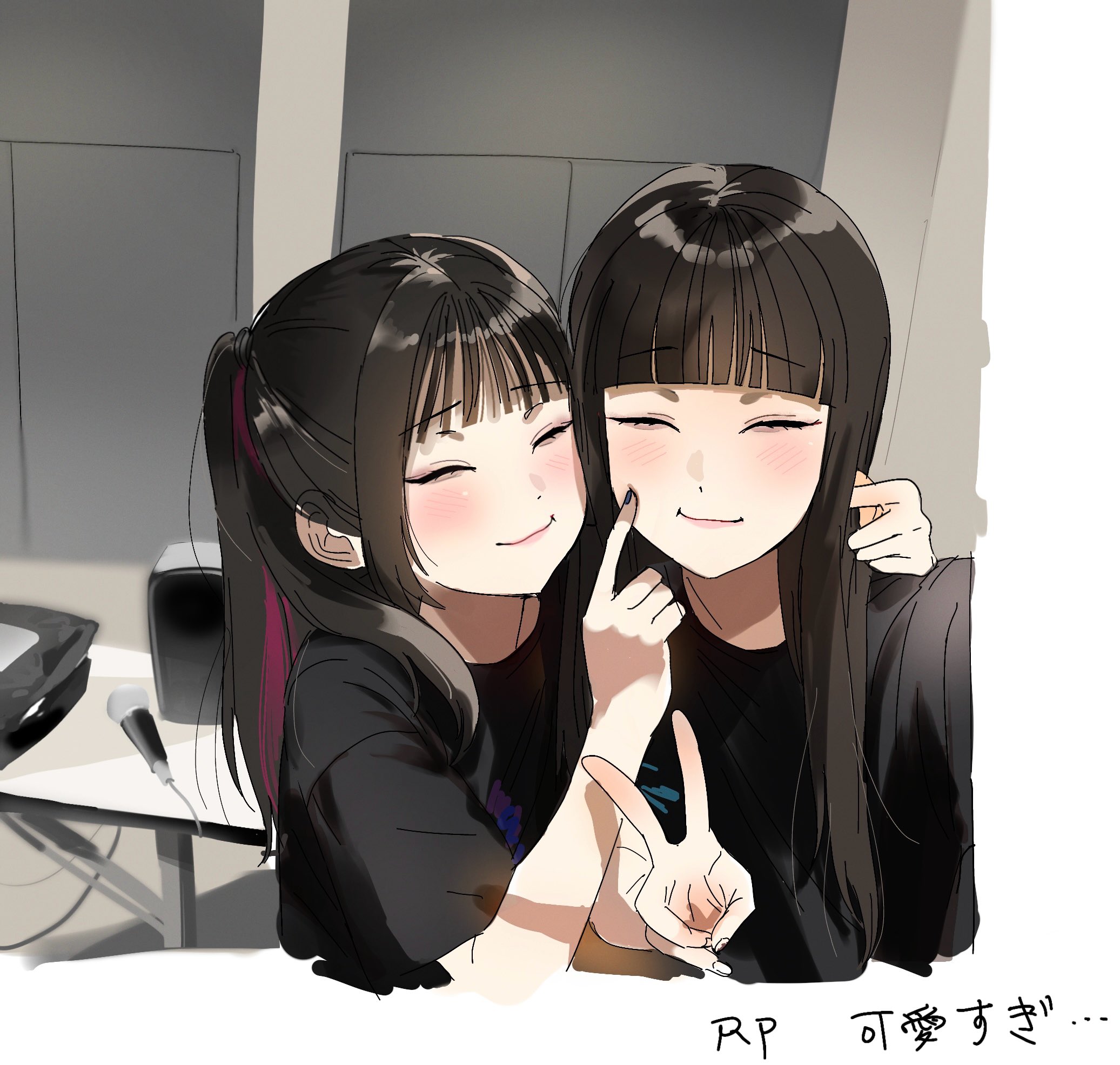 tsumugi risa, real life, commentary request, highres, photo-referenced, translated, 2girls, black nails, black shirt, blush, closed eyes, closed mouth, iamkakunim2, microphone, multiple girls, nail polish, pink streaks, shirt, short sleeves, v, voice actor, yuri (voice actor)