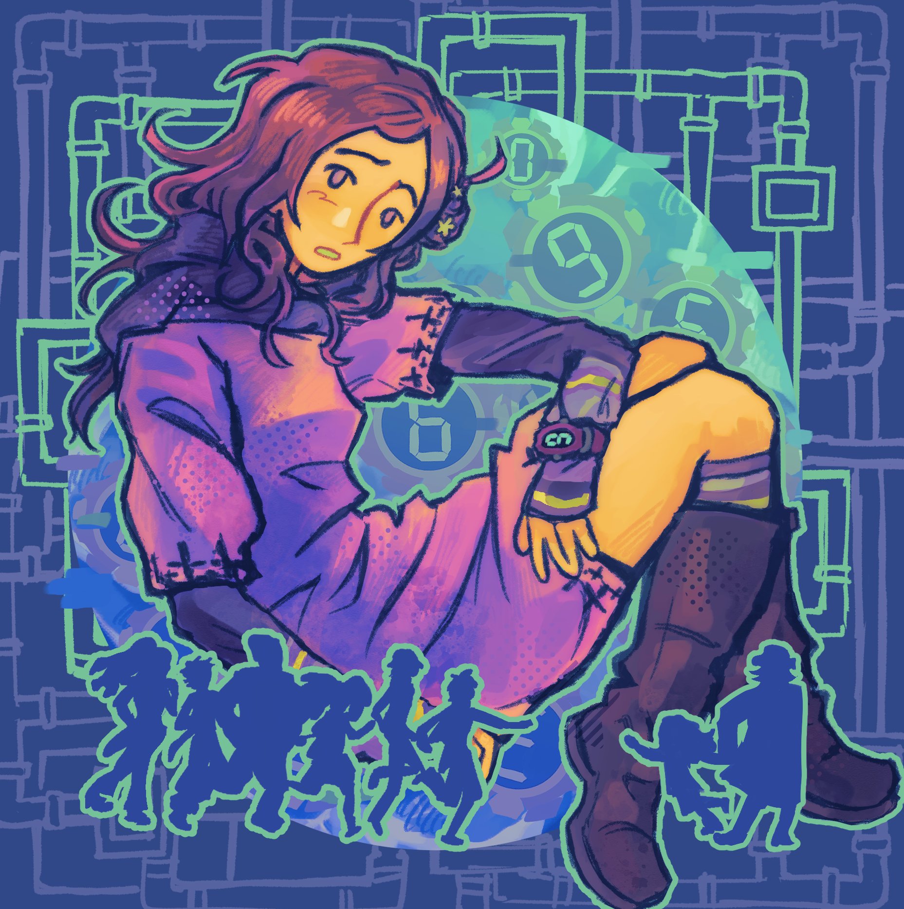 ichimiya (kyokugen dasshutsu), junpei (kyokugen dasshutsu), kurashiki akane, niels (kyokugen dasshutsu), santa (kyokugen dasshutsu), seven (kyokugen dasshutsu), yashiro (kyokugen dasshutsu), yotsuba (kyokugen dasshutsu), kyokugen dasshutsu, kyokugen dasshutsu: 9 jikan 9 nin 9 no tobira, commentary, english commentary, highres, 1girl, aqua outline, black boots, boots, brown hair, dress, flower, hair flower, hair ornament, long hair, long sleeves, no sclera, oneinhiding, outline, purple dress, purple eyes, purple scarf, scarf, seven-segment display, silhouette, socks, solo focus, striped clothes, striped socks, watch, wristwatch