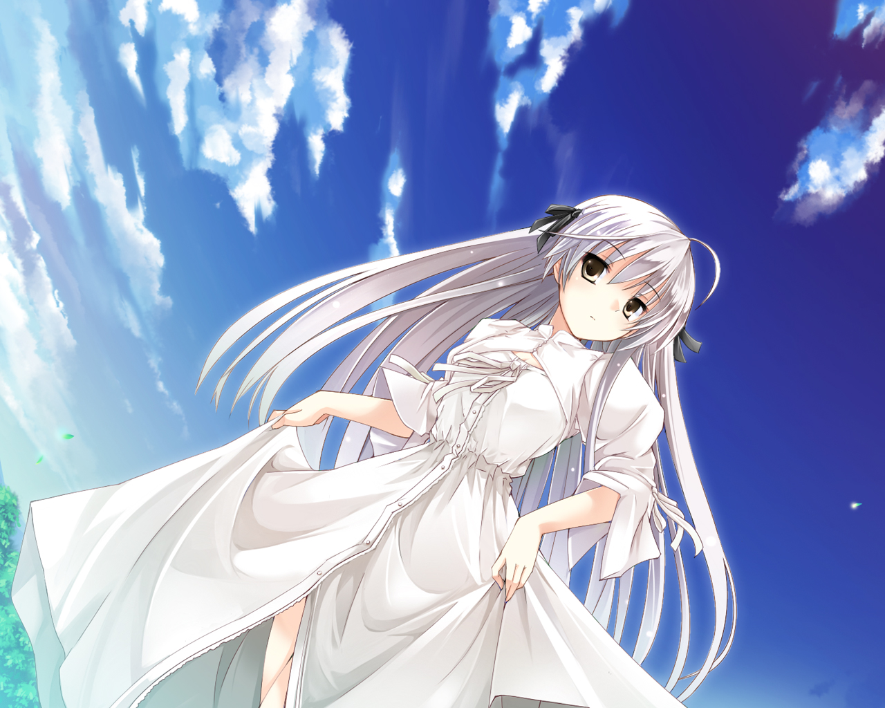 mutou kurihito, kasugano sora, haruka na sora, yosuga no sora, game cg, 1girl, brown eyes, dress, female focus, fisheye, hair ribbon, long hair, ribbon, sky, solo, white hair