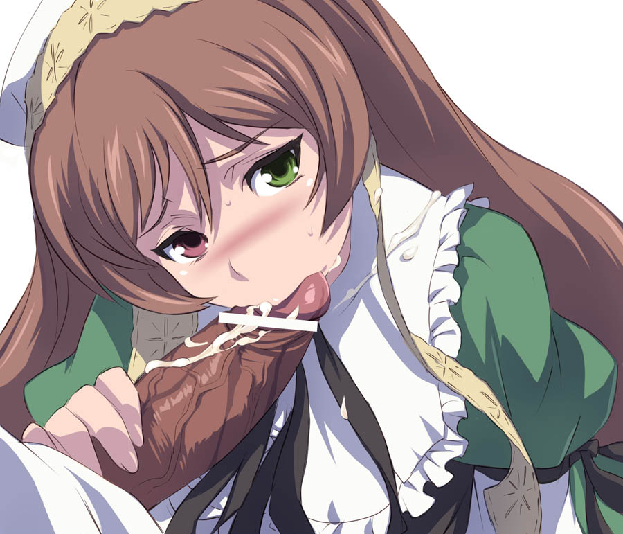 akira (coffee curry), suiseiseki, rozen maiden, 00s, 1girl, :>=, blush, brown hair, censored, cum, cum in mouth, fellatio, heterochromia, oral, penis, pointless censoring, solo focus