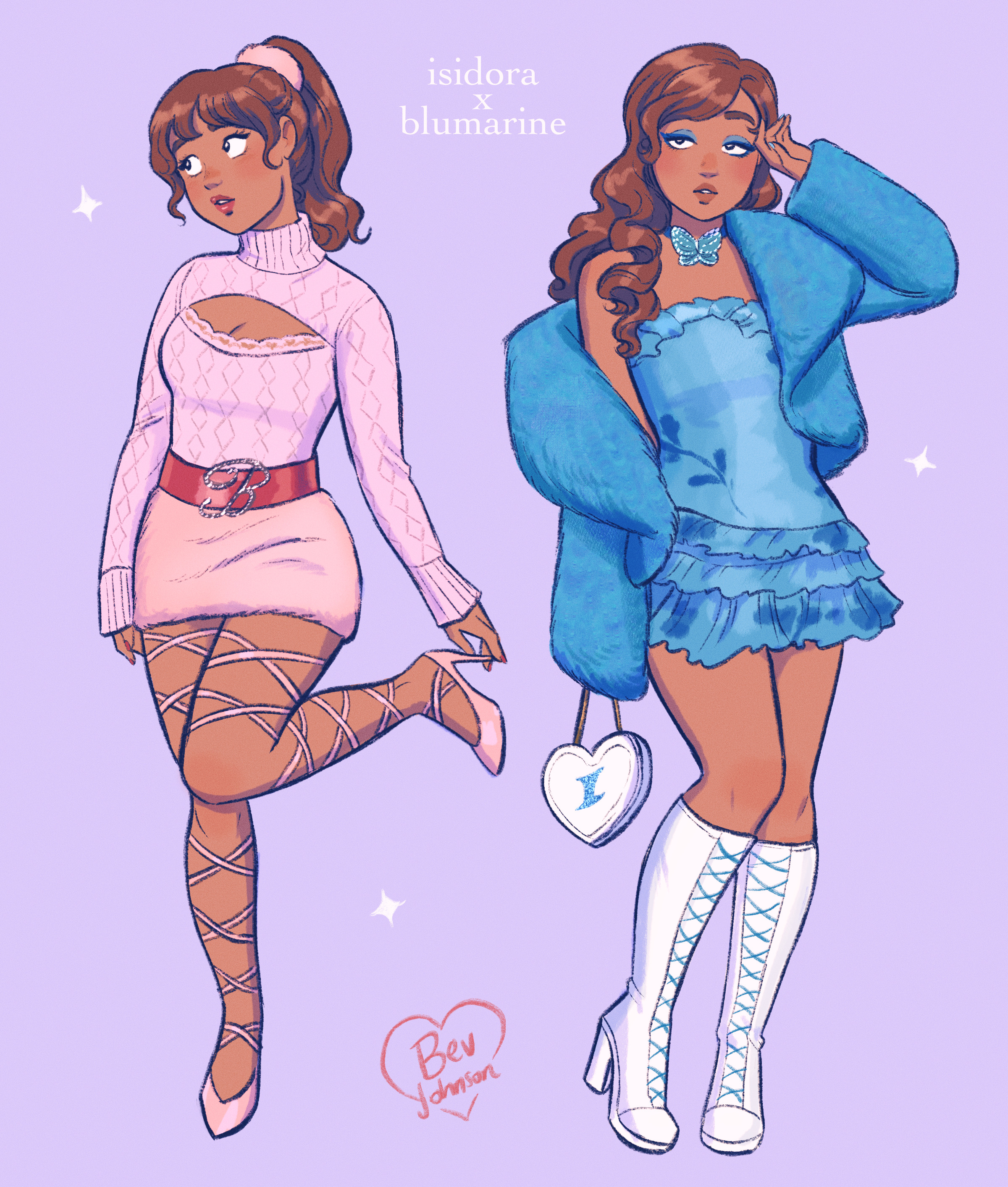 bev johnson, blumarine, original, absurdres, highres, artist name, bag, blue coat, blue dress, blue jacket, blue nails, boots, breasts, brown hair, butterfly bow, character name, cleavage, cleavage cutout, clothing cutout, coat, dark-skinned female, dark skin, dress, eyeshadow, hair ornament, hair scrunchie, handbag, heartstrings (spiceparfait), high heels, isidora velasca, jacket, knee boots, long hair, makeup, ponytail, purple background, scrunchie, standing, standing on one leg, white boots