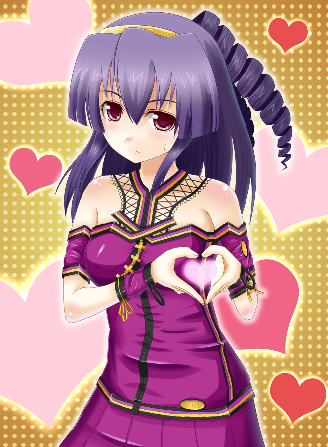 megawatt, umegiri hifumi, beatmania iidx, beatmania iidx 14 gold, bemani, 1girl, drill hair, female focus, hairband, heart, heart hands, purple hair, purple theme, red eyes, solo, sweatdrop