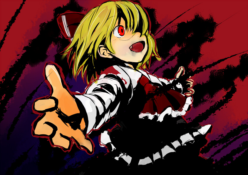 tsuttsu, rumia, embodiment of scarlet devil, touhou, bad id, bad pixiv id, 1girl, blonde hair, crazy eyes, dark, fangs, female focus, foreshortening, hair over one eye, hair ribbon, open mouth, outstretched arms, red eyes, ribbon, short hair, solo, spread arms