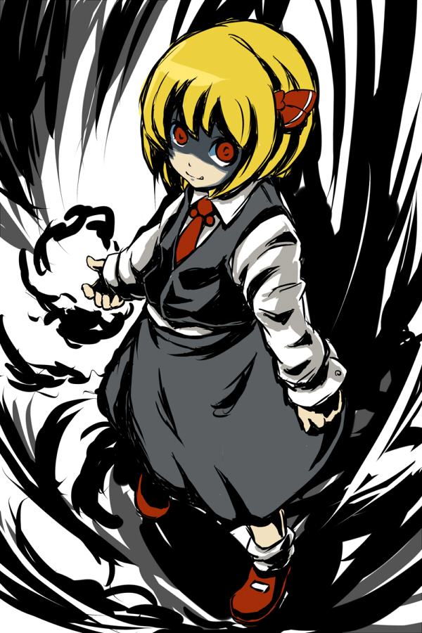 tsuttsu, rumia, embodiment of scarlet devil, touhou, bad id, bad pixiv id, 1girl, blonde hair, darkness, female focus, hair ribbon, red eyes, ribbon, short hair, solo