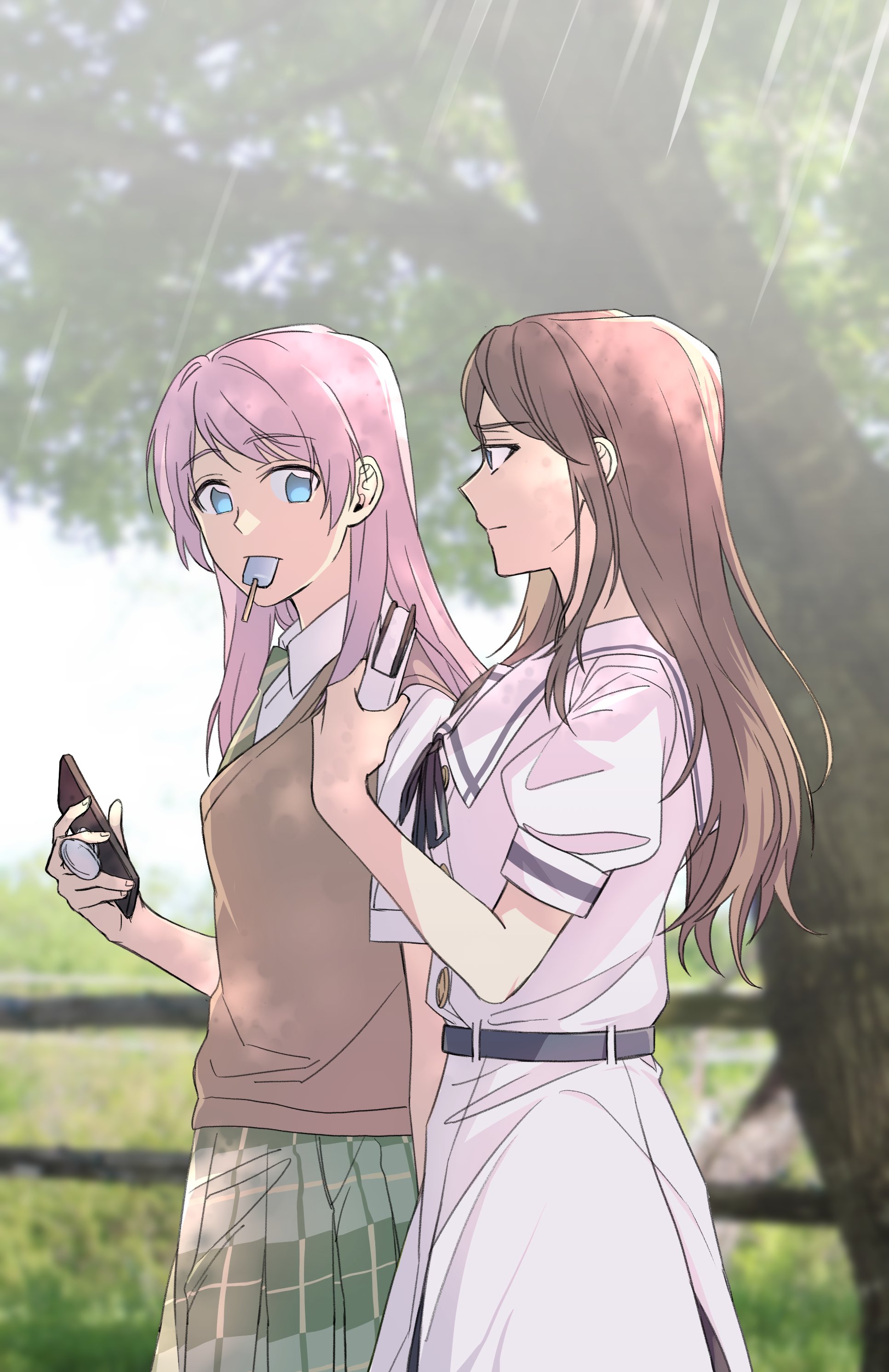 chihaya anon, nagasaki soyo, bang dream!, bang dream! it's mygo!!!!!, absurdres, commentary, highres, korean commentary, 2girls, belt, black ribbon, blue belt, blue eyes, brown hair, brown sweater vest, cellphone, crimppp77, dress, food, food in mouth, green necktie, green skirt, haneoka school uniform, holding, holding phone, long hair, mouth hold, multiple girls, neck, necktie, outdoors, phone, pink hair, popsicle, popsicle in mouth, ribbon, school uniform, sidelocks, skirt, smartphone, sunlight, sweater vest, tree, tsukinomori school uniform, white dress