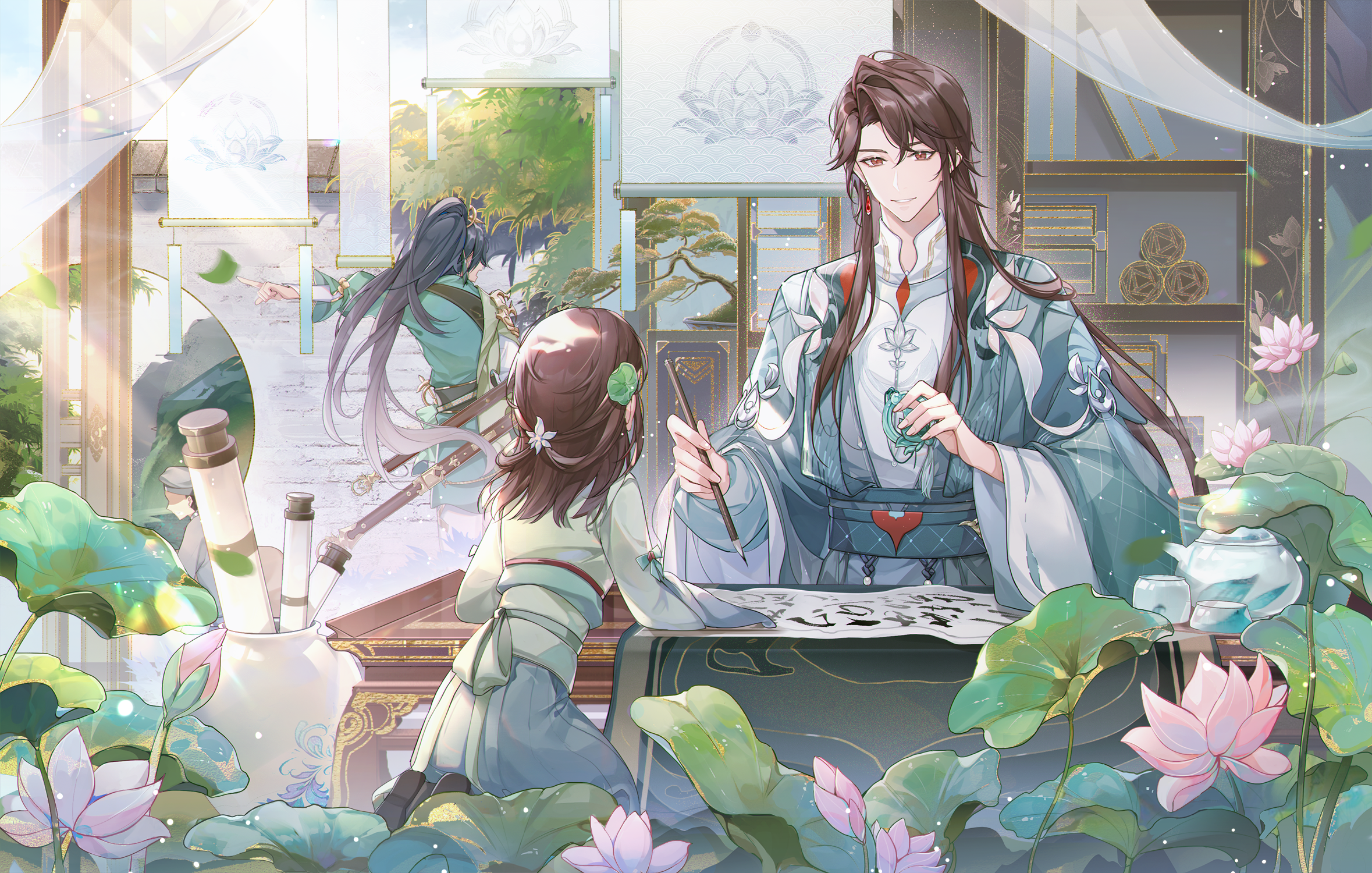 nana895, hua yi shanxin zhiyue, chinese commentary, highres, 1boy, 2girls, age difference, aged down, aqua hanfu, aqua robe, black hair, black shoes, bonsai, bookshelf, brother and sister, brown eyes, brown hair, bud, calligraphy brush, cape, chinese clothes, cowboy shot, cup, curtained hair, day, earrings, facing away, flower, full body, green hanfu, green robe, hair flower, hair ornament, half updo, hand up, hanfu, hanging scroll, high ponytail, holding, holding calligraphy brush, holding paintbrush, holding pendant, hua chen, jewelry, leaf hair ornament, light particles, long hair, long sleeves, looking at another, lotus, lotus leaf, moon gate, mu weishuang, multiple girls, paintbrush, parted lips, pendant, pine tree, pink flower, pointing, ponytail, robe, rock, sash, scroll, seiza, sheath, sheathed, shoe soles, shoes, siblings, side cape, single earring, sitting, smile, standing, swept bangs, sword, table, teapot, teardrop earrings, the princess (hua yi shanxin zhiyue), tree, upper body, vase, waist sash, weapon, white cape, white flower, white robe, wide sleeves, yuanlingpao