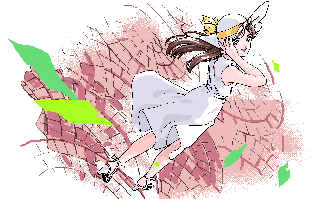 teiku (take), original, archived source, 1990s (style), 1girl, adjusting clothes, adjusting headwear, bare arms, border, bow, brown eyes, brown hair, dithering, dress, dutch angle, fading border, falling leaves, floating clothes, floating hair, from behind, full body, hat, hat bow, high heels, leaf, long dress, long hair, looking at viewer, looking back, on floor, open mouth, outdoors, outside border, pc-98 (style), pixel art, retro artstyle, shoes, sleeveless, sleeveless dress, smile, strappy heels, turning head, walking, white border, white dress, white hat, white shoes, wind, yellow bow