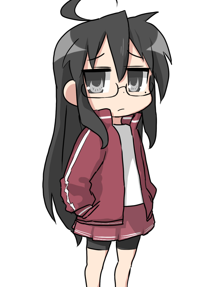 suzumiya annko, izumi konata, kurokona, lucky star, bad id, bad pixiv id, 00s, 1girl, ahoge, bike shorts, black eyes, black hair, female focus, glasses, hands in pockets, jacket, mole, mole under eye, solo