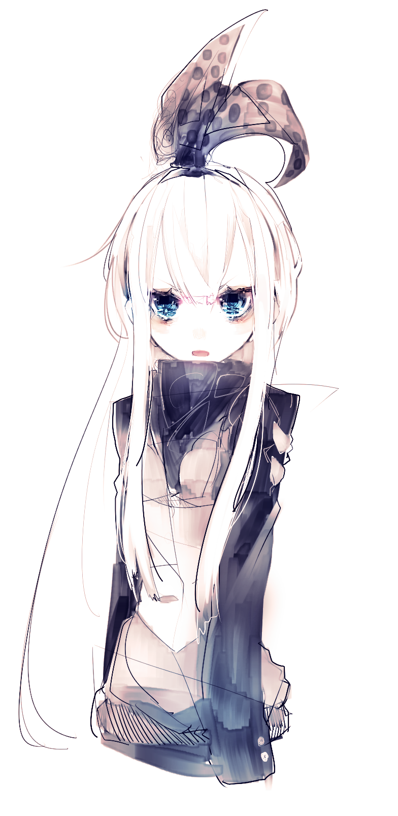riuichi, original, commentary request, highres, 1girl, black jacket, blue eyes, blush, bow, hair between eyes, hair bow, hair ribbon, high collar, jacket, long hair, looking at viewer, open mouth, portrait, ribbon, sidelocks, simple background, straight-on, white background, white hair