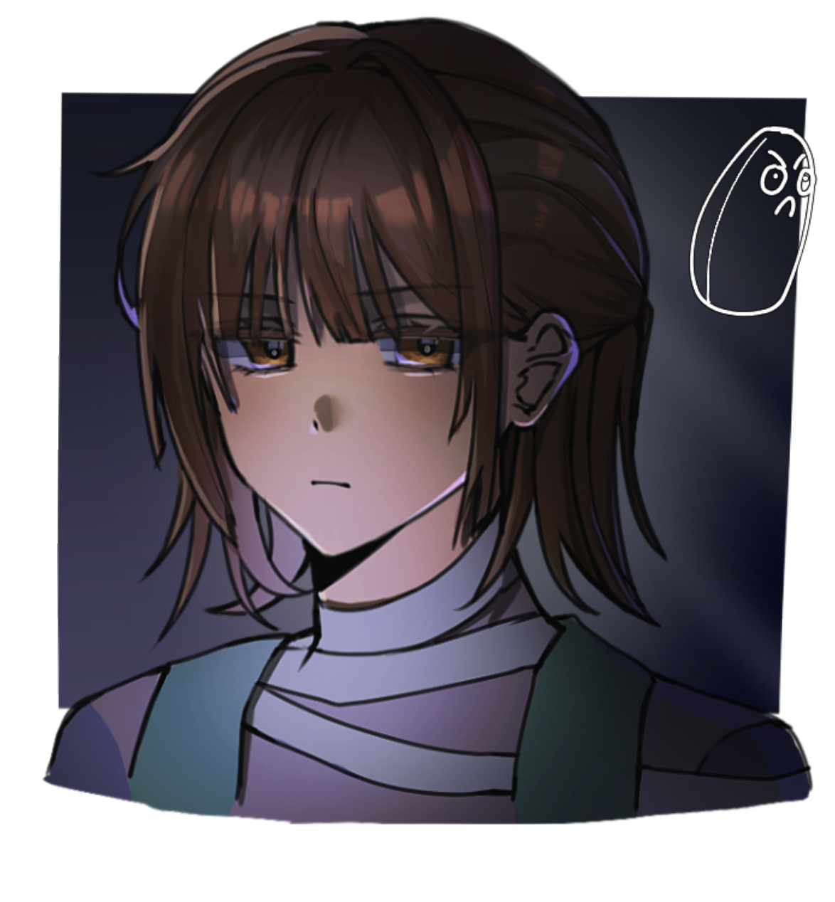 tall-nut (plants vs. zombies), plants vs. zombies, chinese commentary, commentary request, highres, 1girl, aegyo sal, bandaged neck, bandages, black background, blue overalls, border, brown eyes, brown hair, closed mouth, cropped shoulders, genderswap, genderswap (mtf), hair between eyes, hair intakes, half updo, jitome, light frown, oleander03034, outside border, overalls, personification, purple shirt, serious, shaded face, shirt, short hair, sidelocks, simple background, solo, tsurime, white border