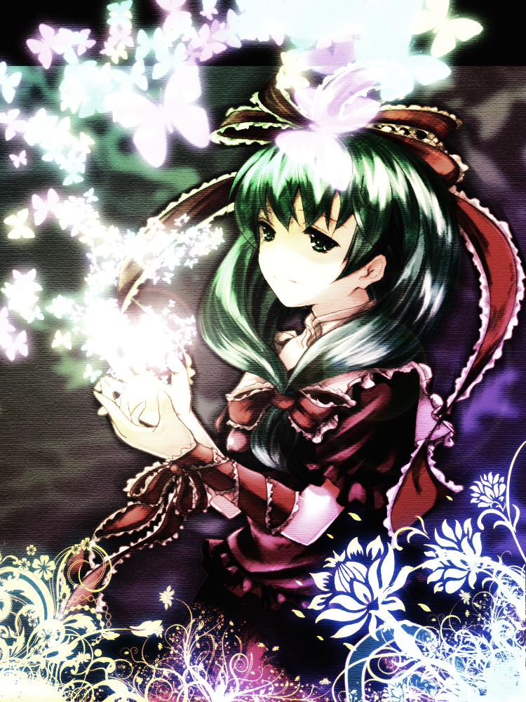 irusu, kagiyama hina, touhou, 1girl, female focus, front ponytail, green eyes, green hair, hair ribbon, matching hair/eyes, ribbon, short hair, solo