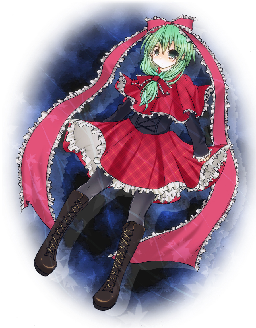kuran (mkmrl), kyuu ran, kagiyama hina, touhou, bad id, bad pixiv id, 1girl, boots, female focus, front ponytail, green eyes, green hair, hair ribbon, matching hair/eyes, pantyhose, ribbon, short hair, solo