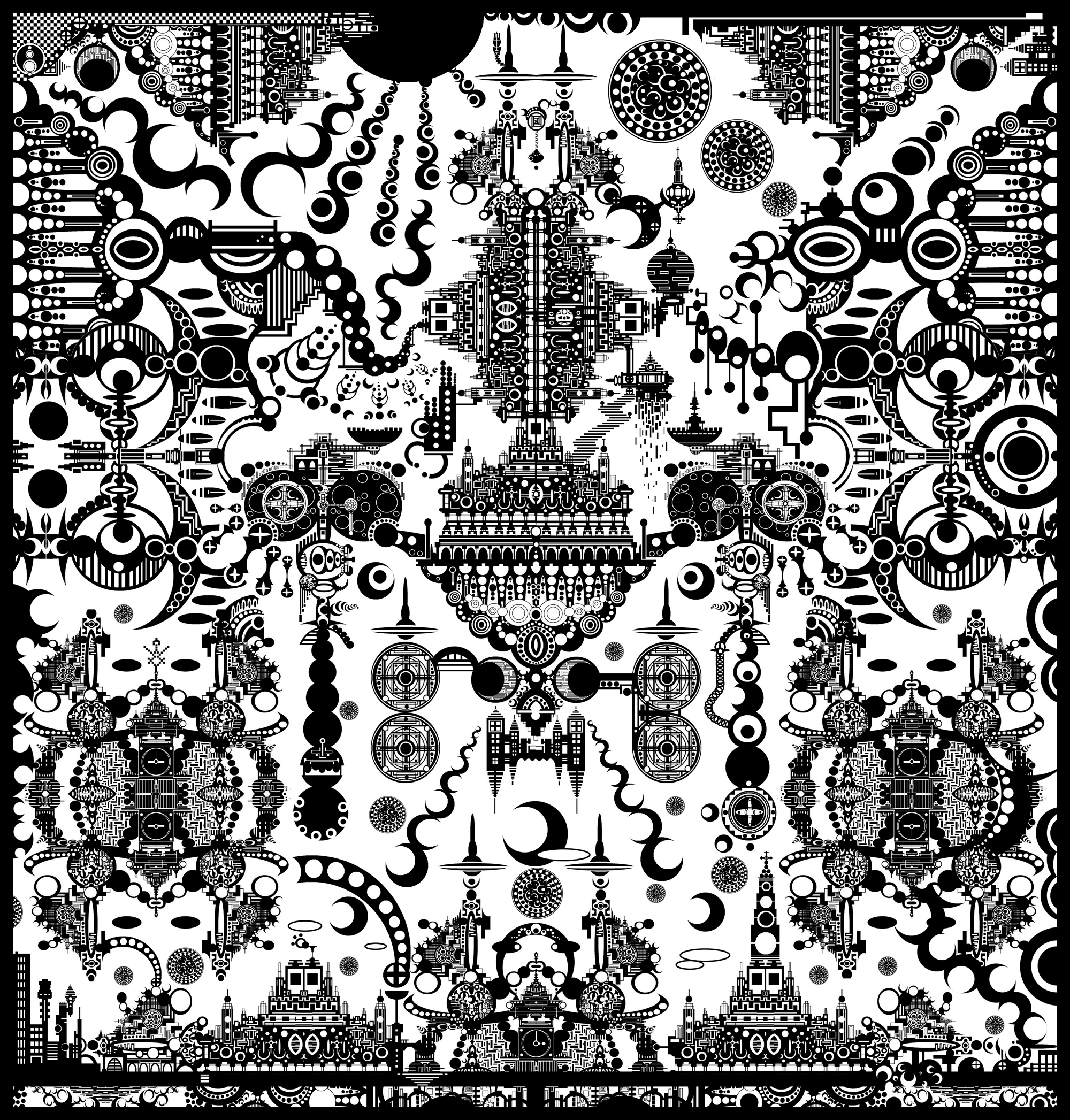 yyy, highres, abstract, absurdly detailed composition, city, clock, greyscale, monochrome, no humans, symmetry